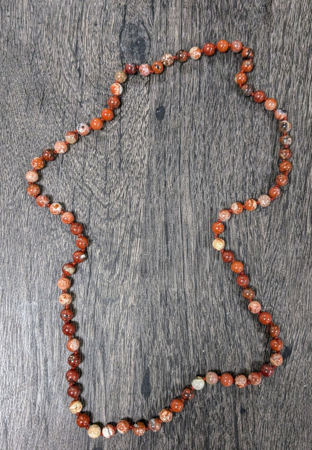 30” Natural Round Red Leopard Skin Jasper Hand Knotted Beaded Necklace