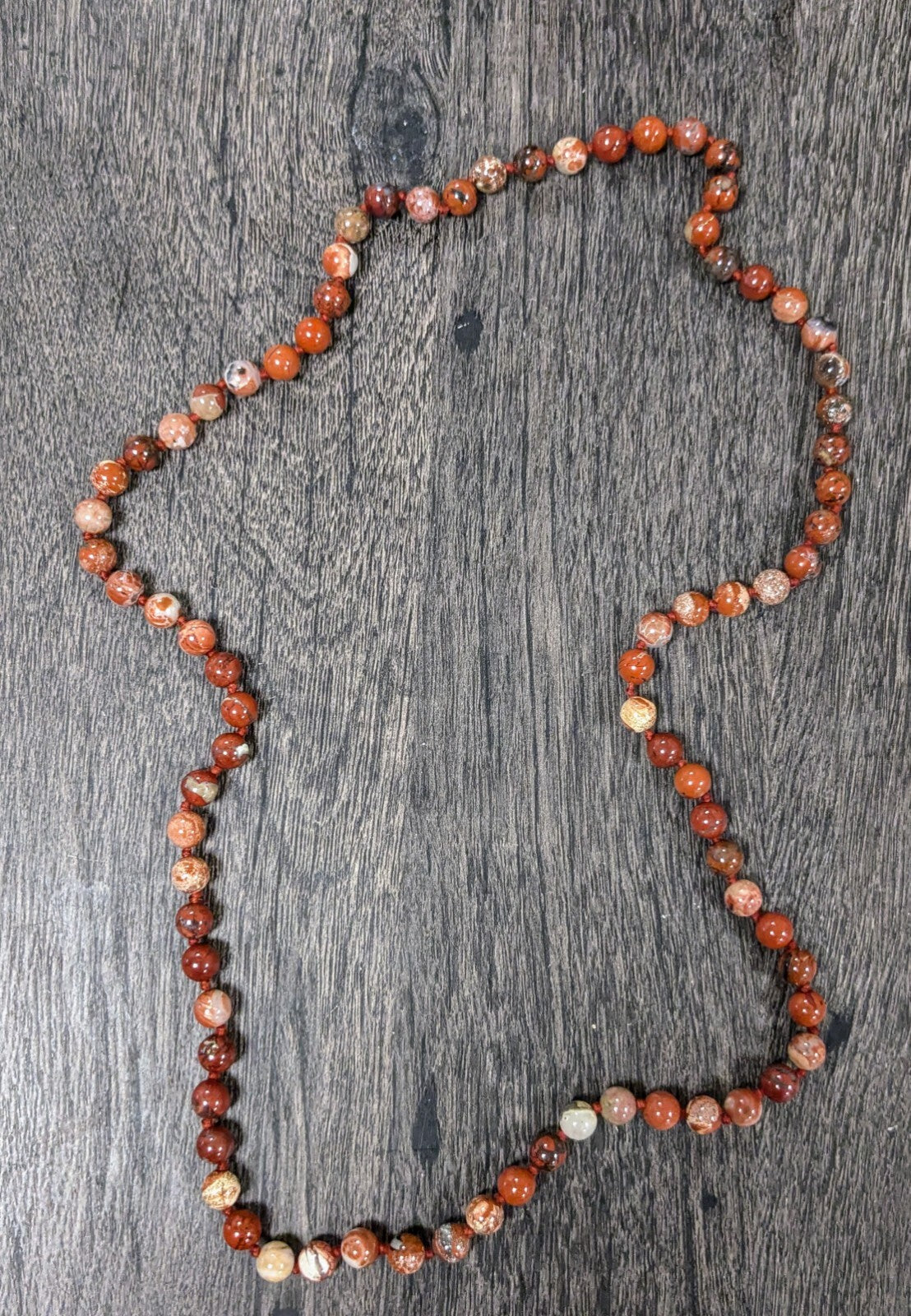 30” Natural Round Red Leopard Skin Jasper Hand Knotted Beaded Necklace