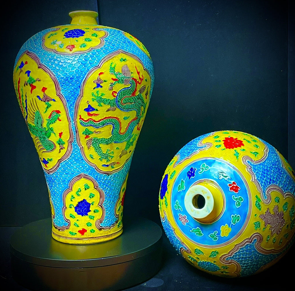 Pair of Chinese Yellow-Ground Dragon & Phoenix Cloisonné-Style Meiping Vases