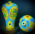 Pair of Chinese Yellow-Ground Dragon & Phoenix Cloisonné-Style Meiping Vases