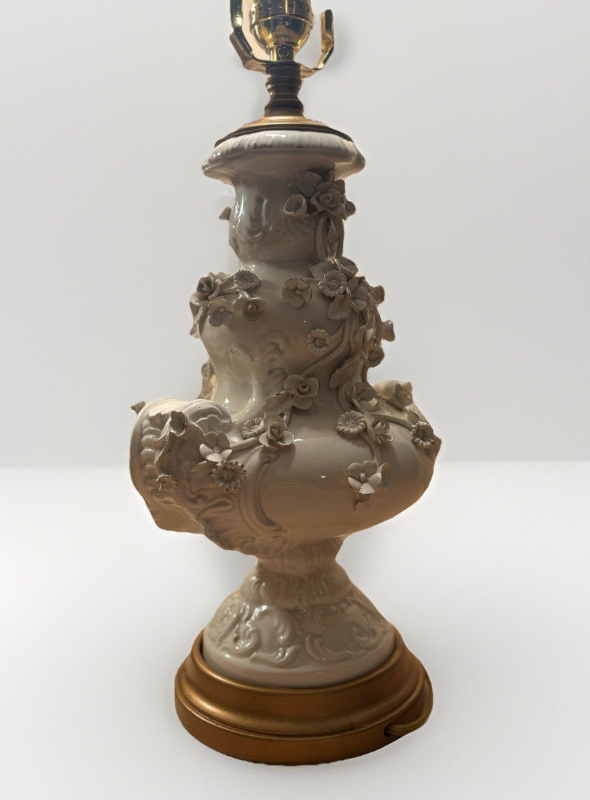 Vintage Blanc De Chine Porcelain Floral Relief Table Lamp Hollywood Regency
