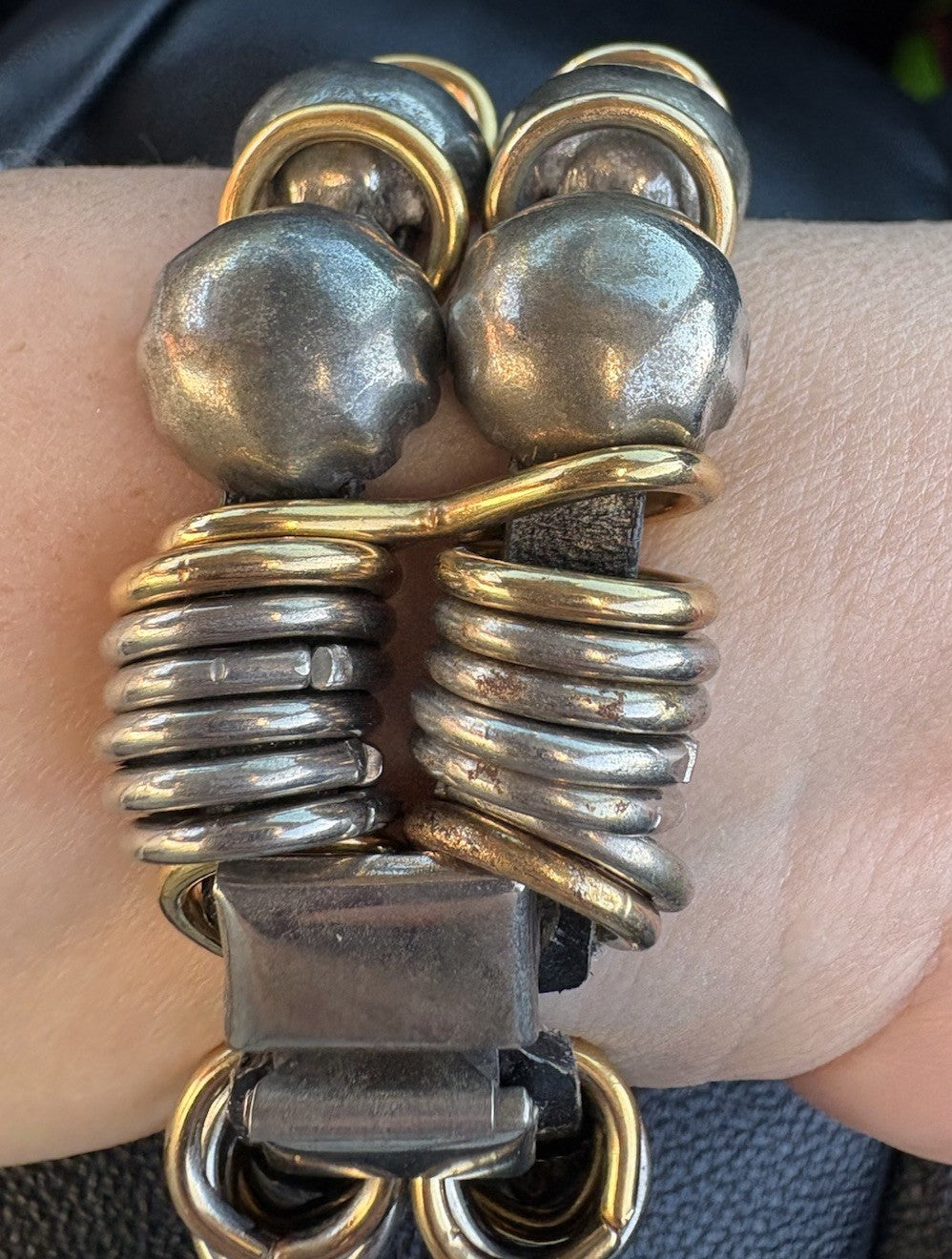 Vintage Brutalist Mixed Metal Bracelet 73g | Brass & Silver Tone, Leather Core