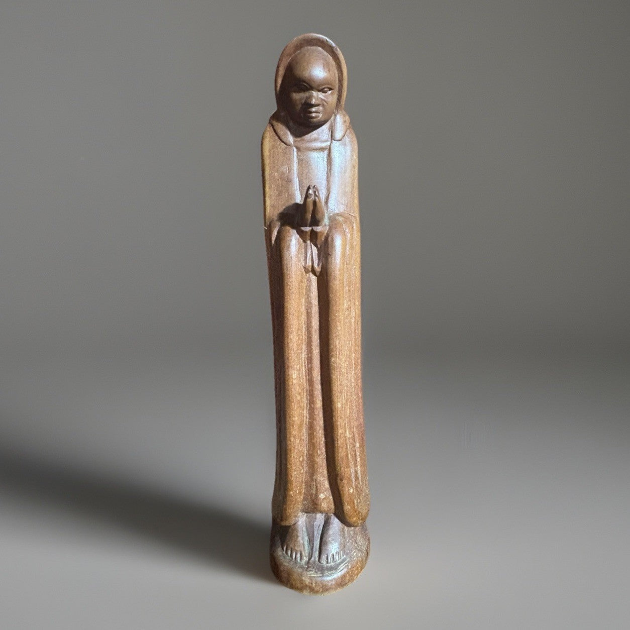 Vintage Hand-Carved Mahogany Monk Statue – 12” Folk Art 1900s