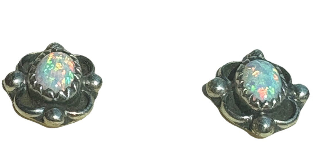 Vintage Sterling Silver Opal Earrings Floral Scalloped Design Boho Southwest
