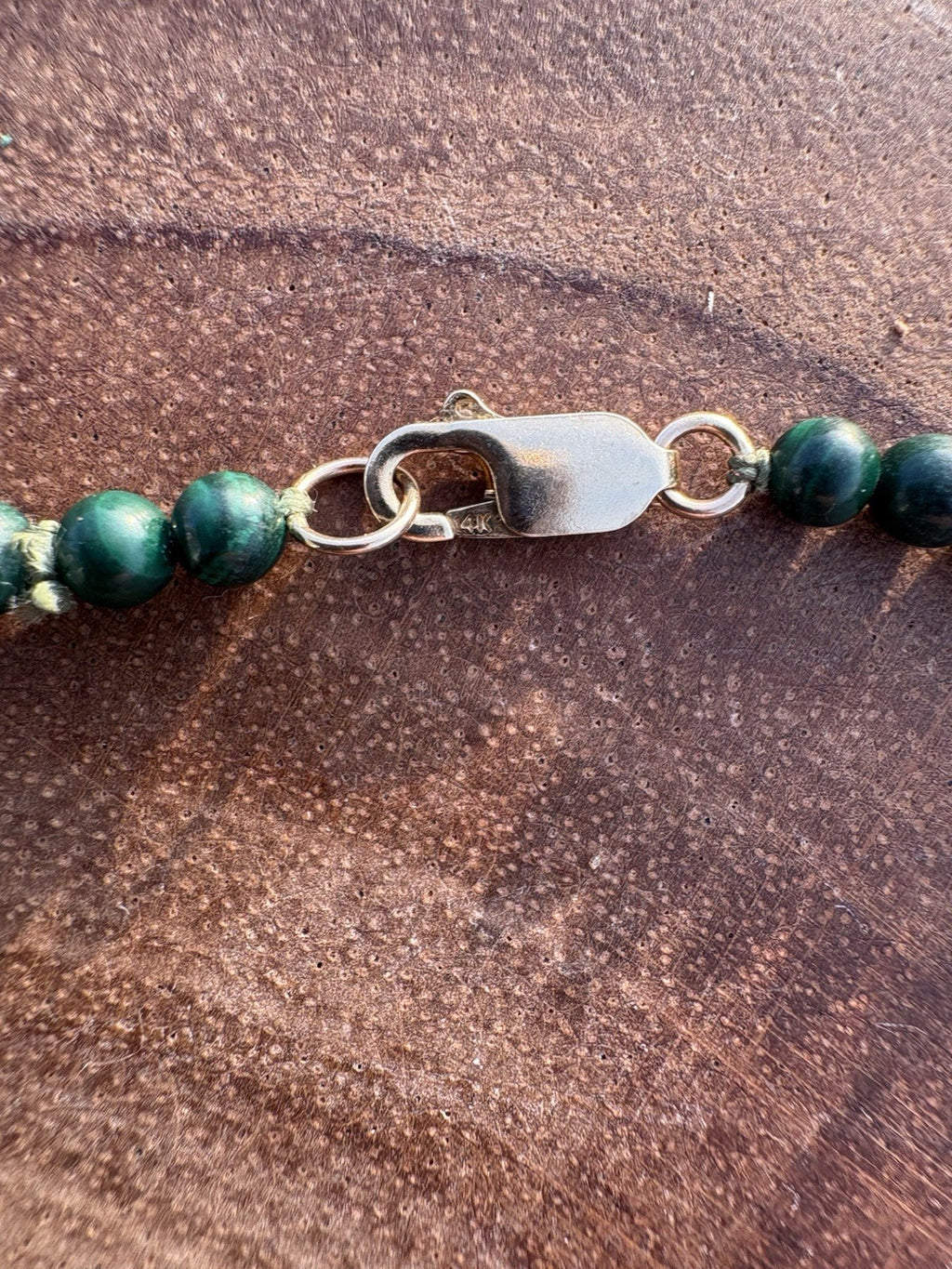 14k Vintage Carved Malachite Necklace Longevity Beads 18” Hand Knotted 14K Clasp