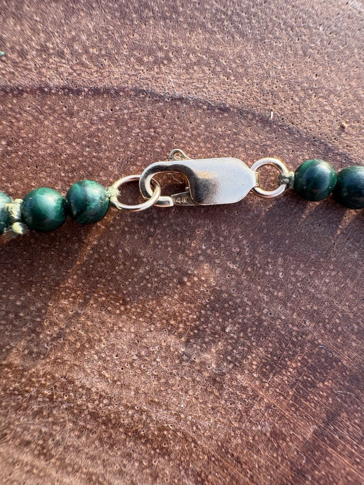 14k Vintage Carved Malachite Necklace Longevity Beads 18” Hand Knotted 14K Clasp