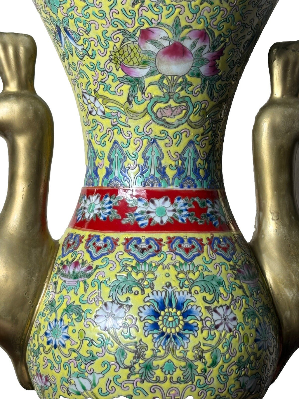 Antique Chinese Famille Rose Yellow Ground Vase w/ Gilt Phoenix Handles 15”