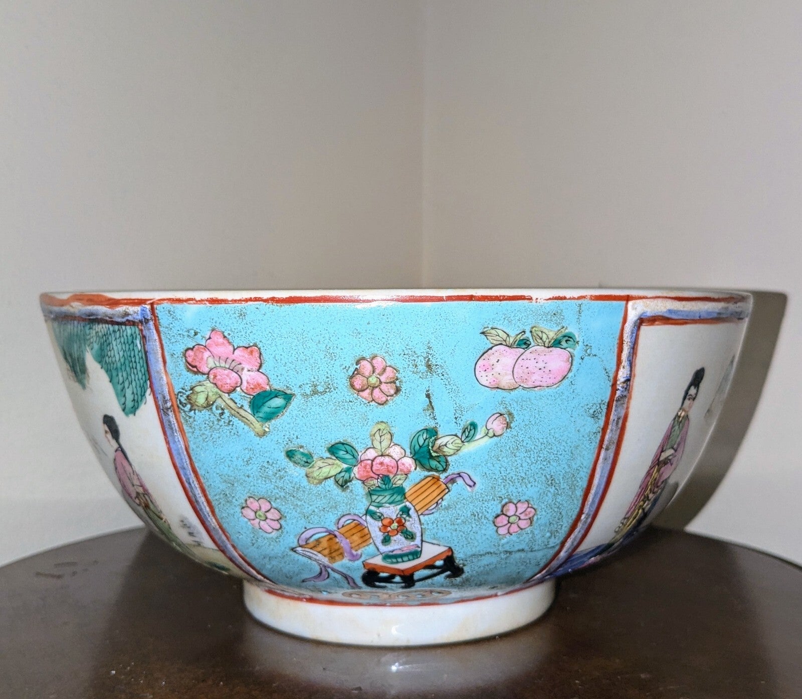 Vintage Macau Famille Rose Porcelain Serving Bowl With Hand Painted Bucolic Scen