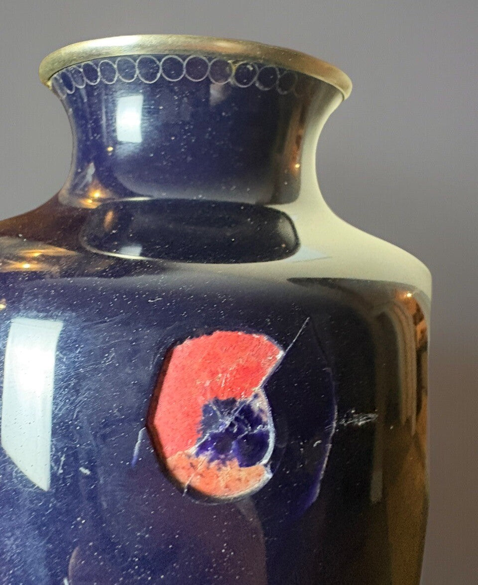 Old Cobalt Blue Japan Vase Bird Blossom Branch Cloisonné 9.5” See Pics Damage