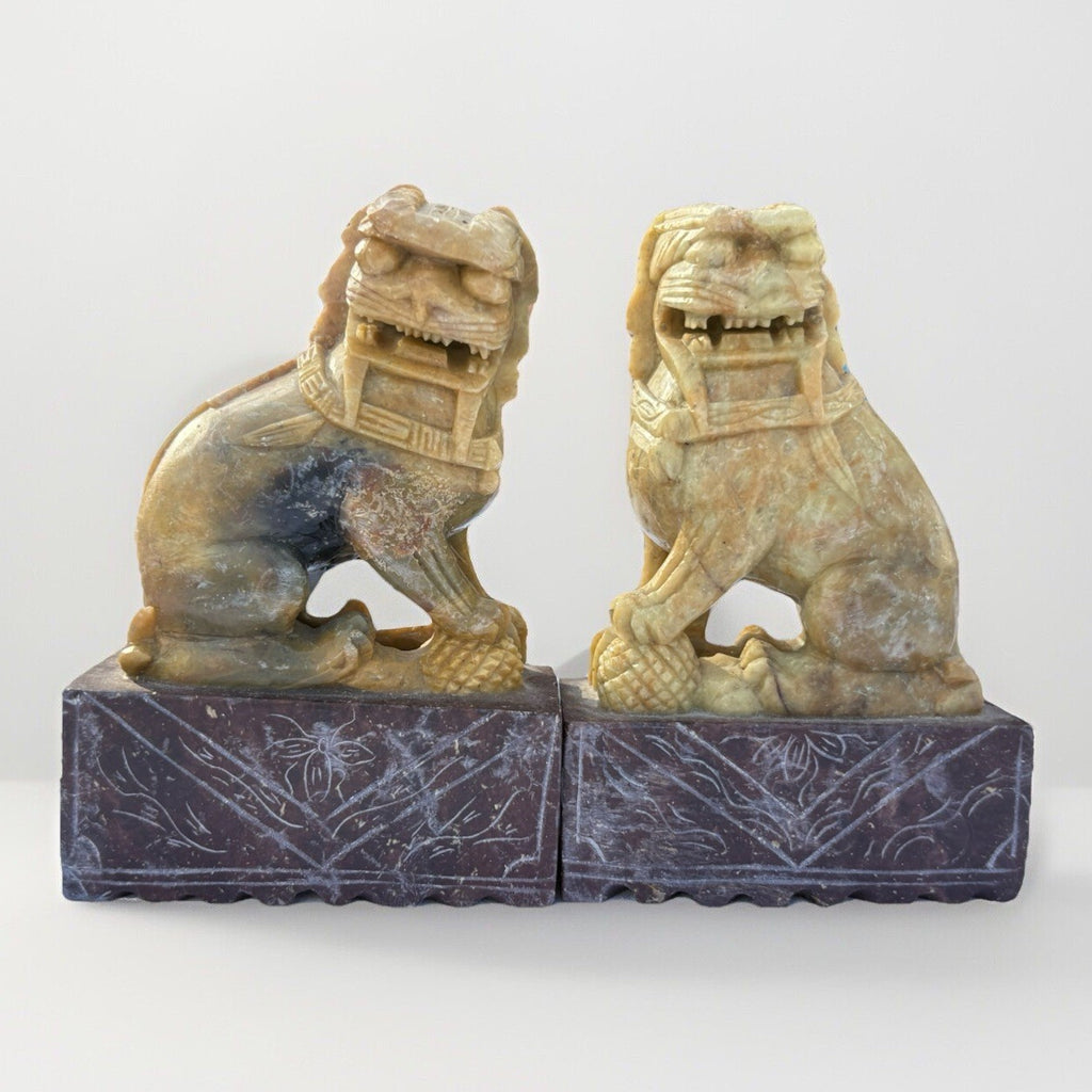 Vintage STONE FOO DOGS: Pair of Carved Stone Foo Dog.