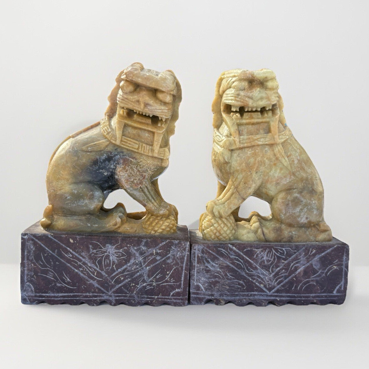 Vintage STONE FOO DOGS: Pair of Carved Stone Foo Dog.