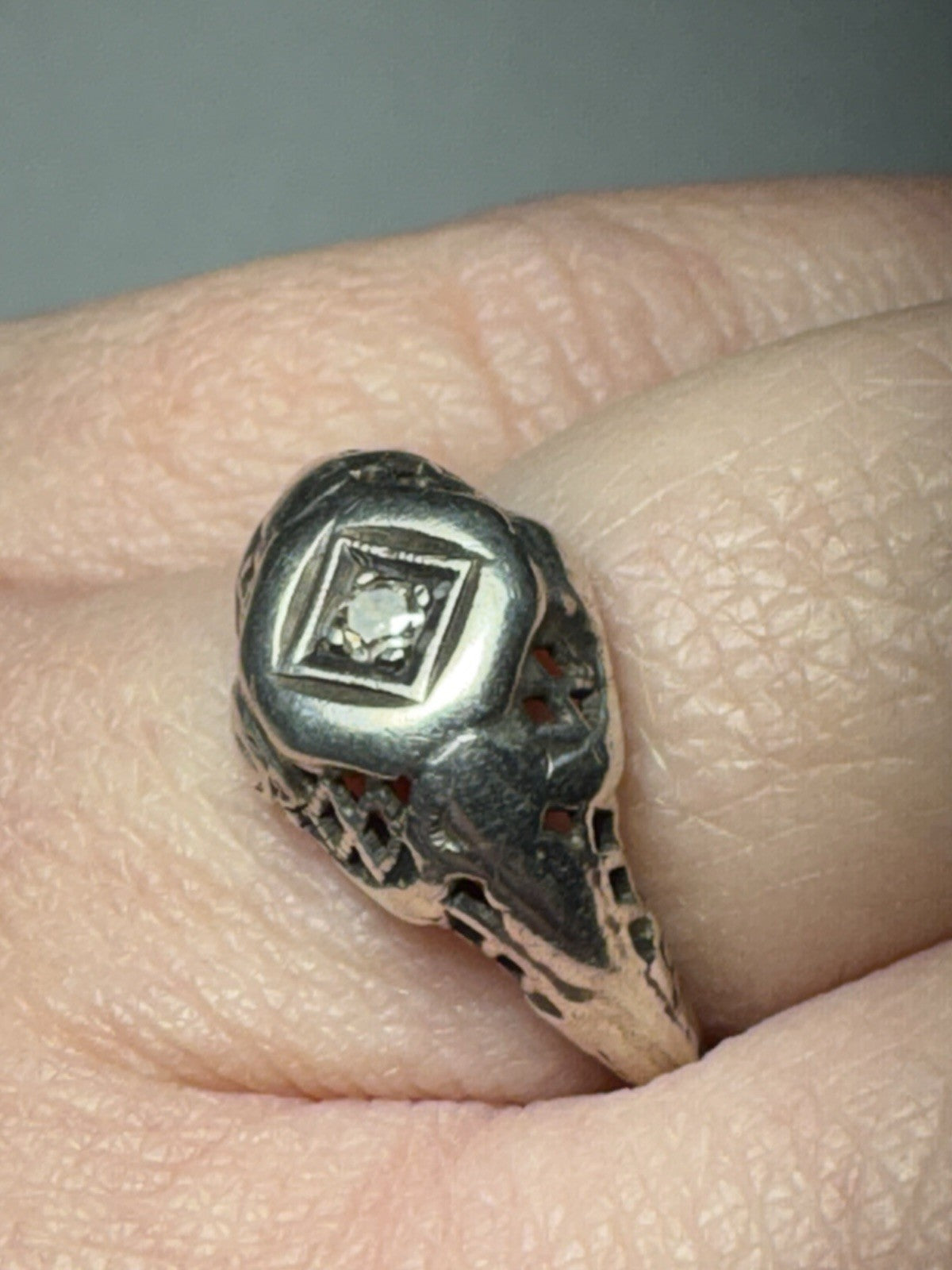 Antique Sterling Silver Diamond Ring Art Deco Size 6