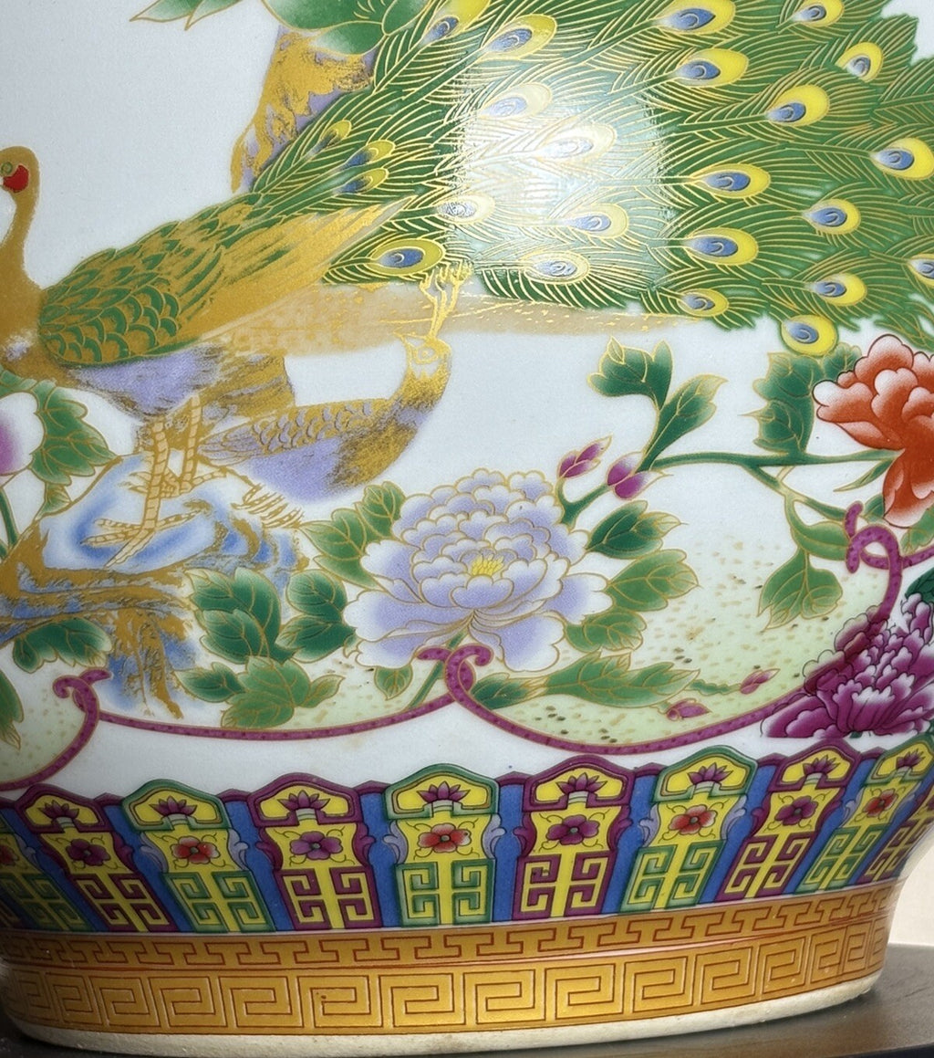 22” Chinese Large Floor Vase Floral Garden Flower Scenes With Peacocks Birds