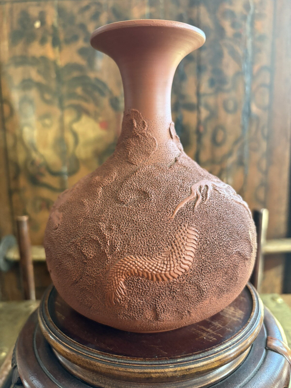 JAPANESE MOLDED RED  POTTERY JAR, MEIJI PERIOD 6.5” Tall