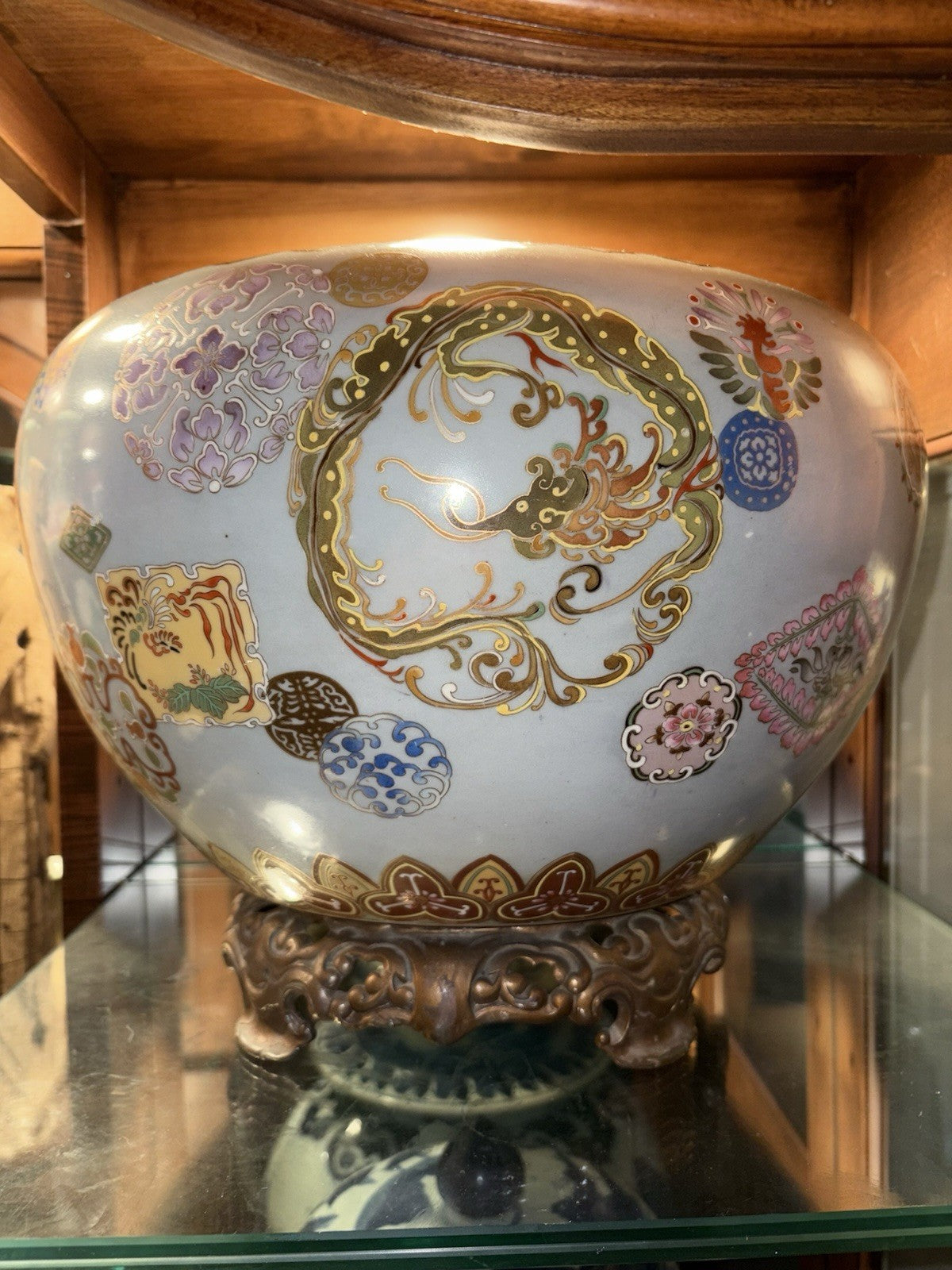 Late Meiji Japanese Blue-Ground Satsuma-Style Jardiniere, Bronze Stand