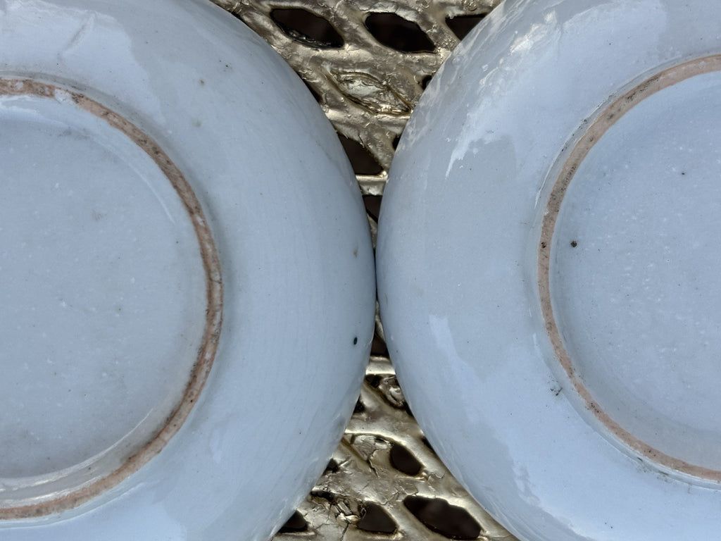 Antique Blue & White Porcelain Chinese 5” D Saucer w/ Gold Rim Set of 4