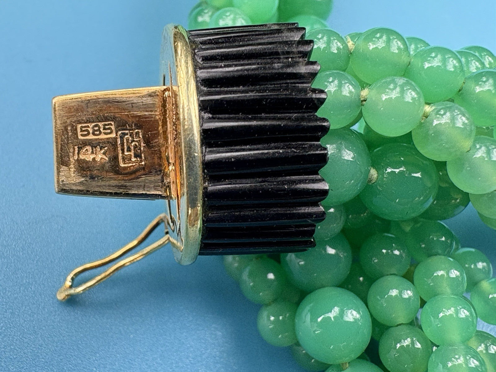 Art Deco 14k Gold Icy Jade Multi-strand Beaded Necklace-Onyx Carved Barrel Clasp
