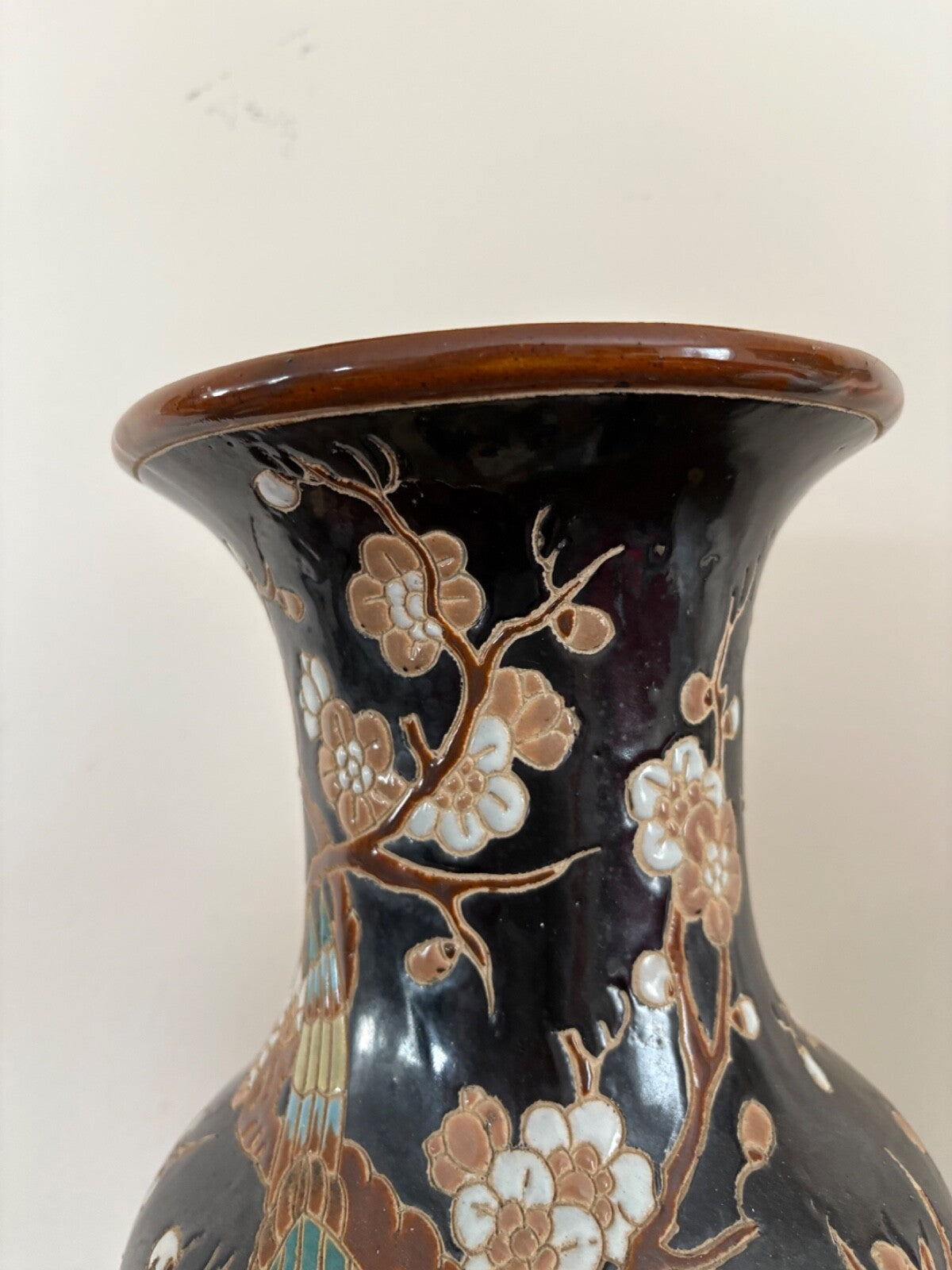 Vintage Mid Century large Asian Vase Enamel Porcelain birds Beautiful 18”