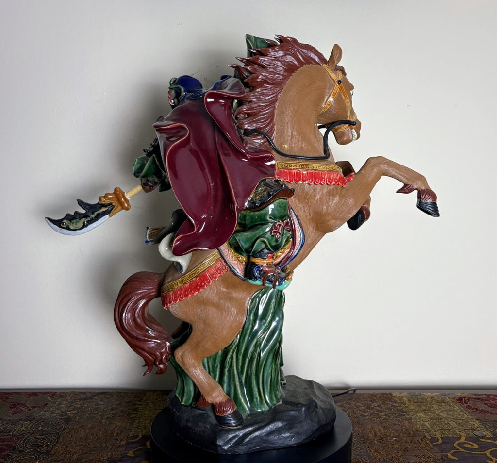 Antique Porcelain Painting Guan Gong Yu Warrior God Ride Horse Knife Statue  22”