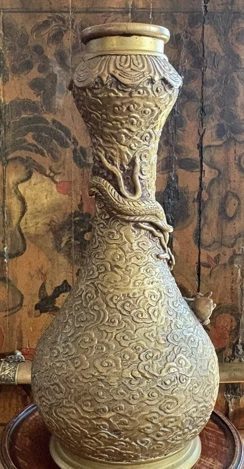 Chinese￼BRONZE  VASE  17/18 C. DRAGON With Egg In Hand flying In The Clouds