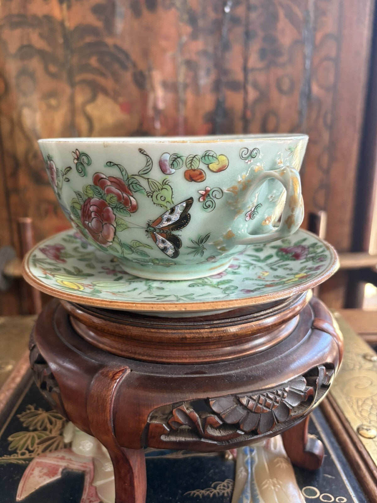 19thC Chinese Large Celedon Soup Dish & Plate With Flowers, Birds, Butterflies