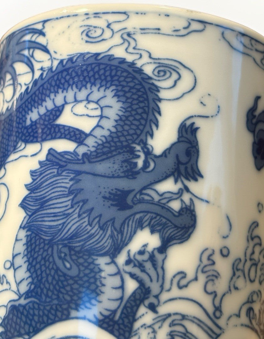 Vintage Blue White Dragon Porcelain Lidded Tea Mug Set Japan Nihon
