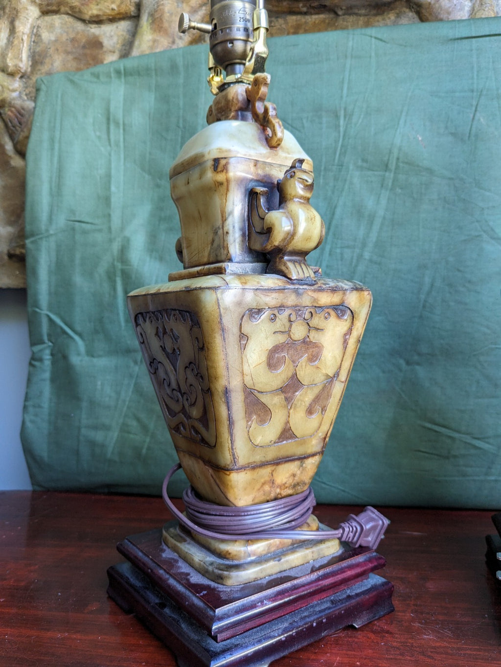 Pair of Chinese Carved Alabaster Lamps With Birds and Dragons