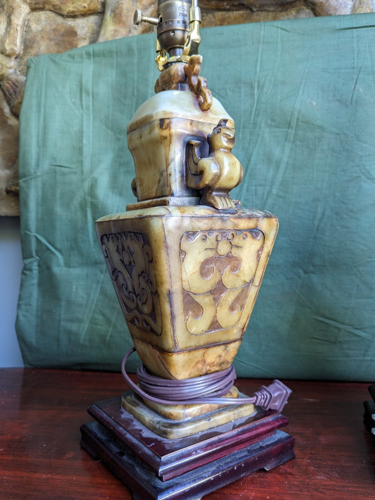 Pair of Chinese Carved Alabaster Lamps With Birds and Dragons