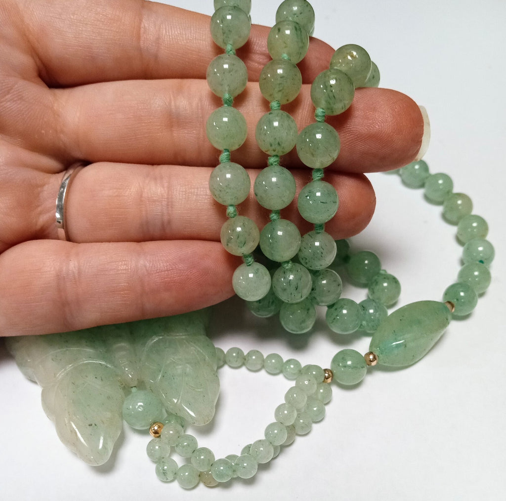 Vintage Jade Butterfly Necklace Celadon Green Beaded Asian  34”