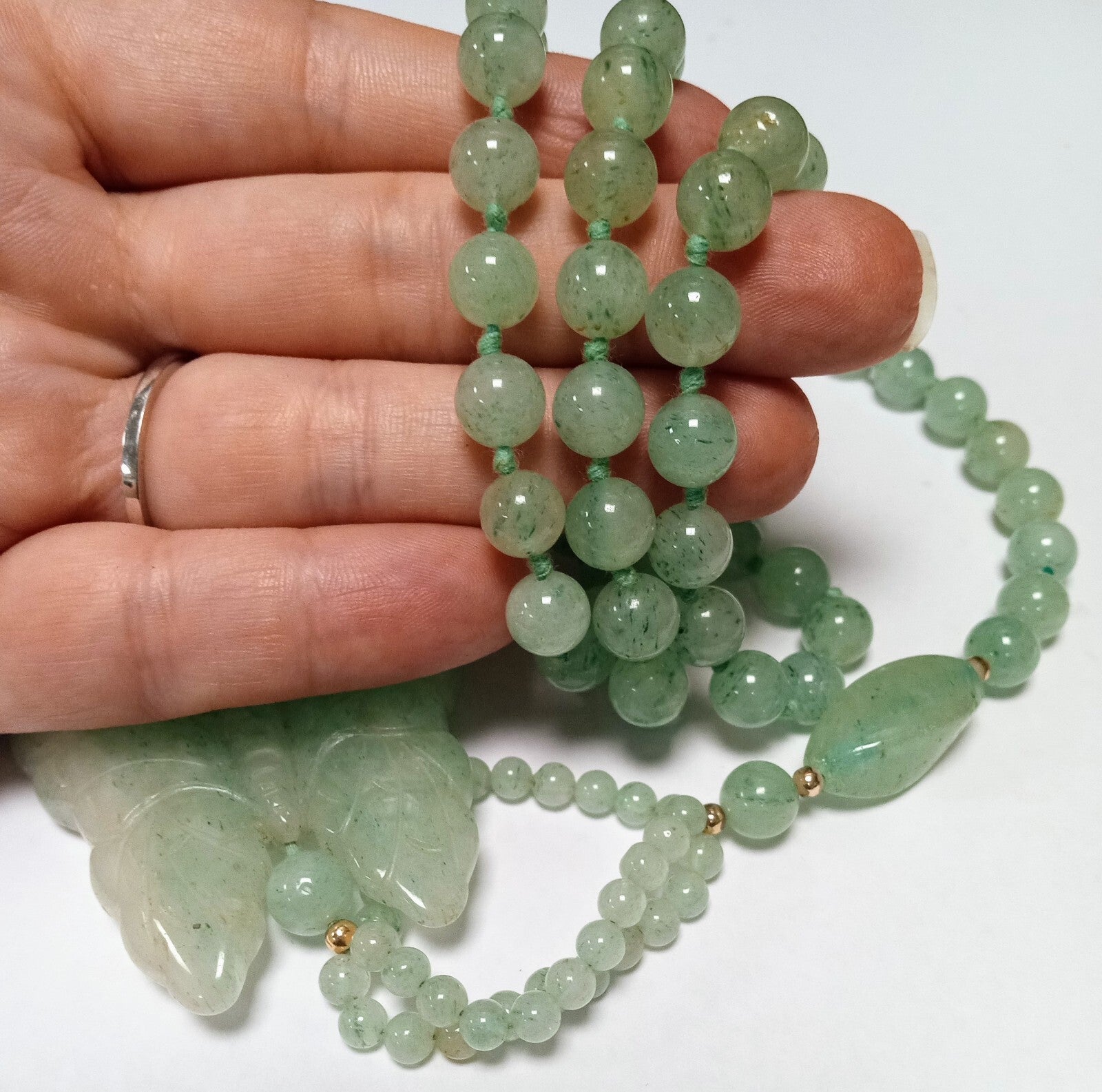 Vintage Jade Butterfly Necklace Celadon Green Beaded Asian  34”
