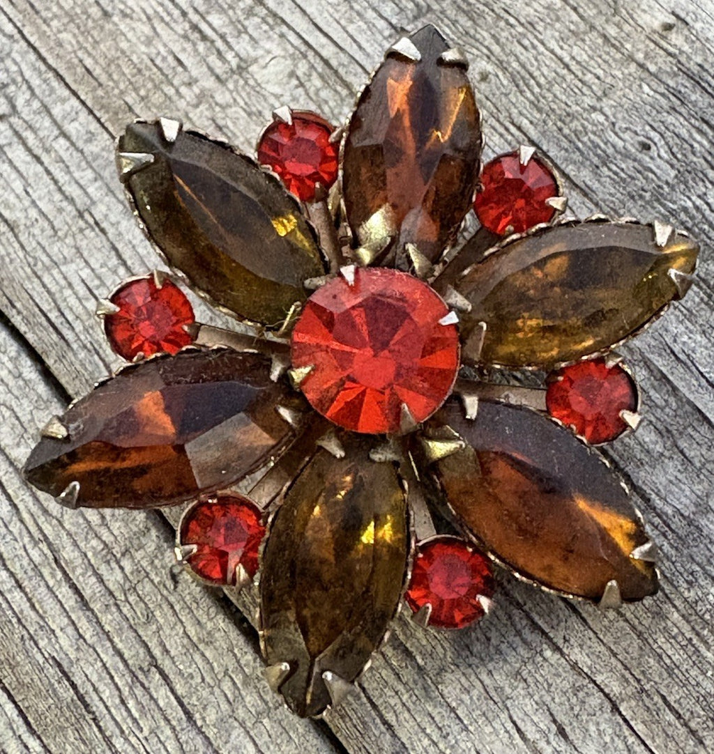 Judy Lee Vintage Amber and Red Flower Clip-On Earrings