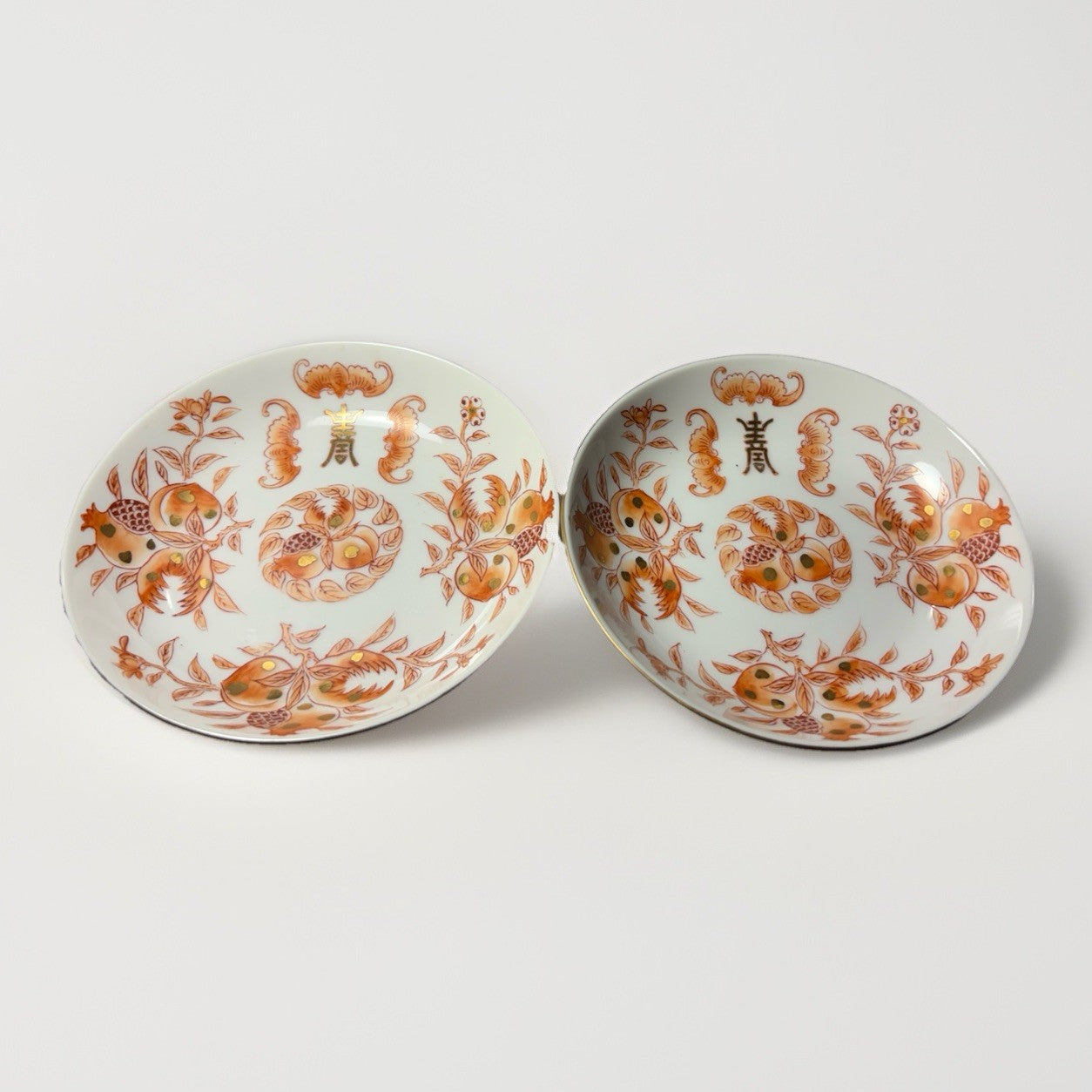 Pair of Hand-Painted Chinese Longevity Porcelain Plates 5.5” –Gilded Pomegranate