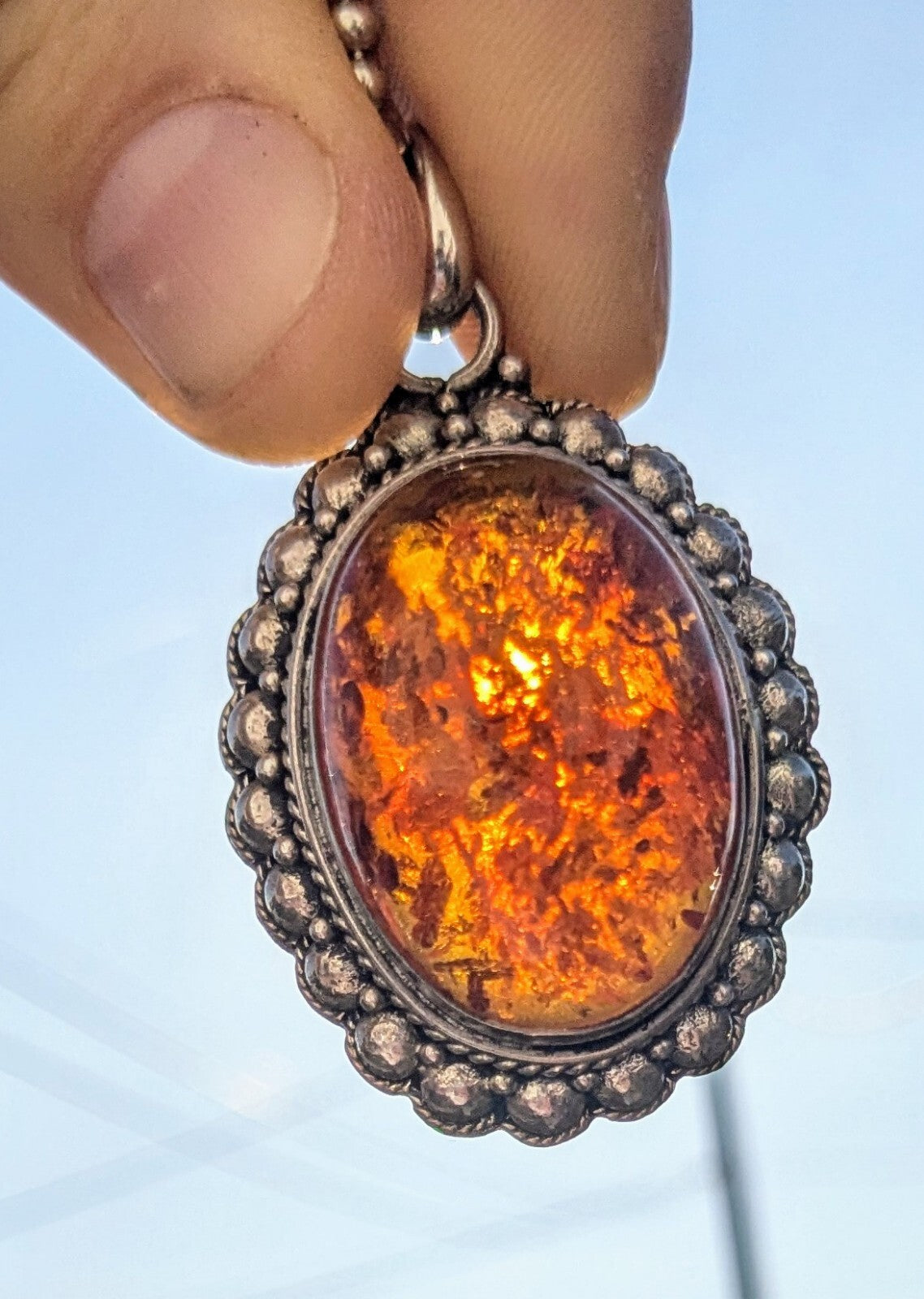 Genuine Natural AMBER Stone PENDANT with Sterling Silver 925 With Chain