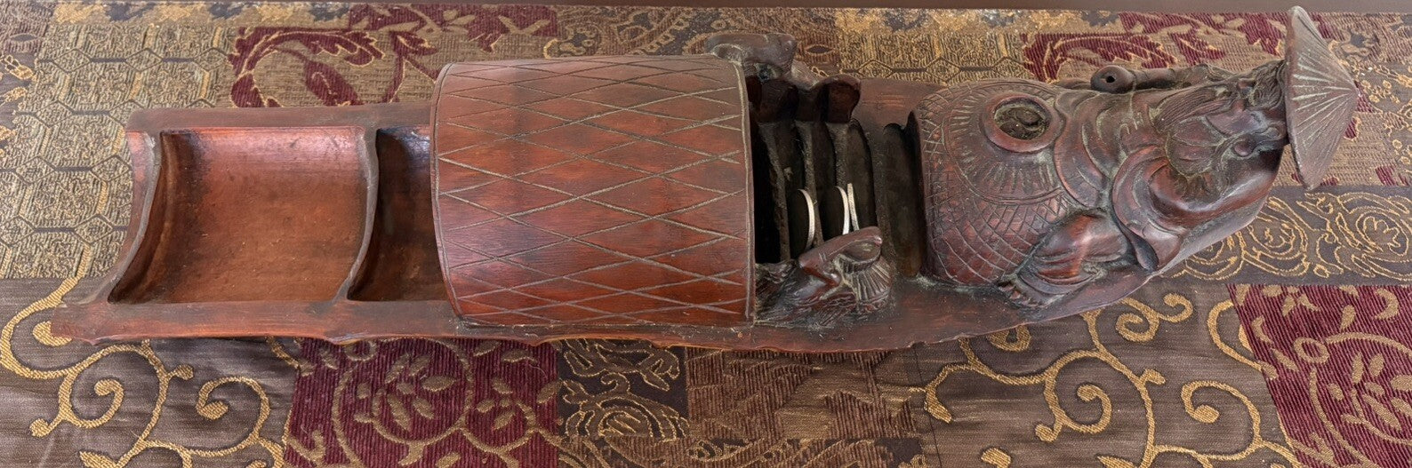 Large Antique Chinese Bamboo Carved Asian Man On Boat Incense Burner