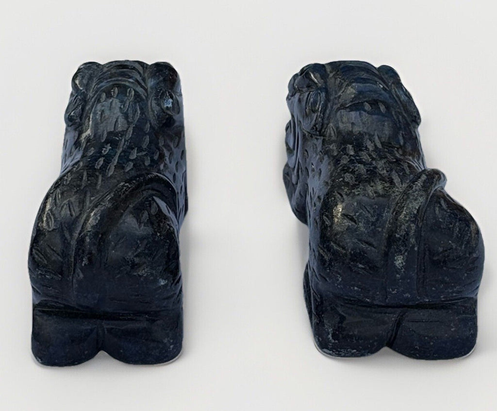 Set of Two Lapis Blue Hand Carved Foo Dogs Sculptures Vintage