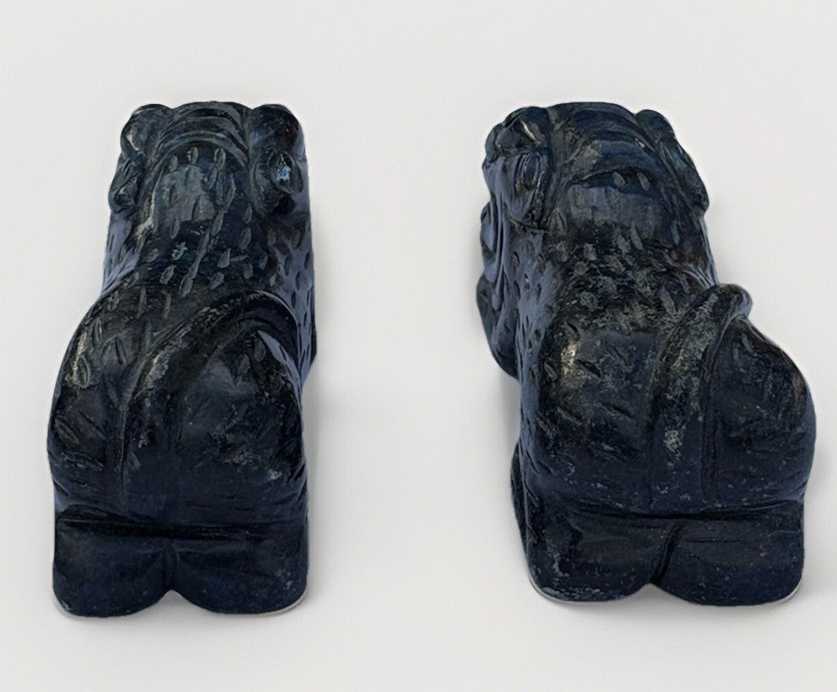 Set of Two Lapis Blue Hand Carved Foo Dogs Sculptures Vintage