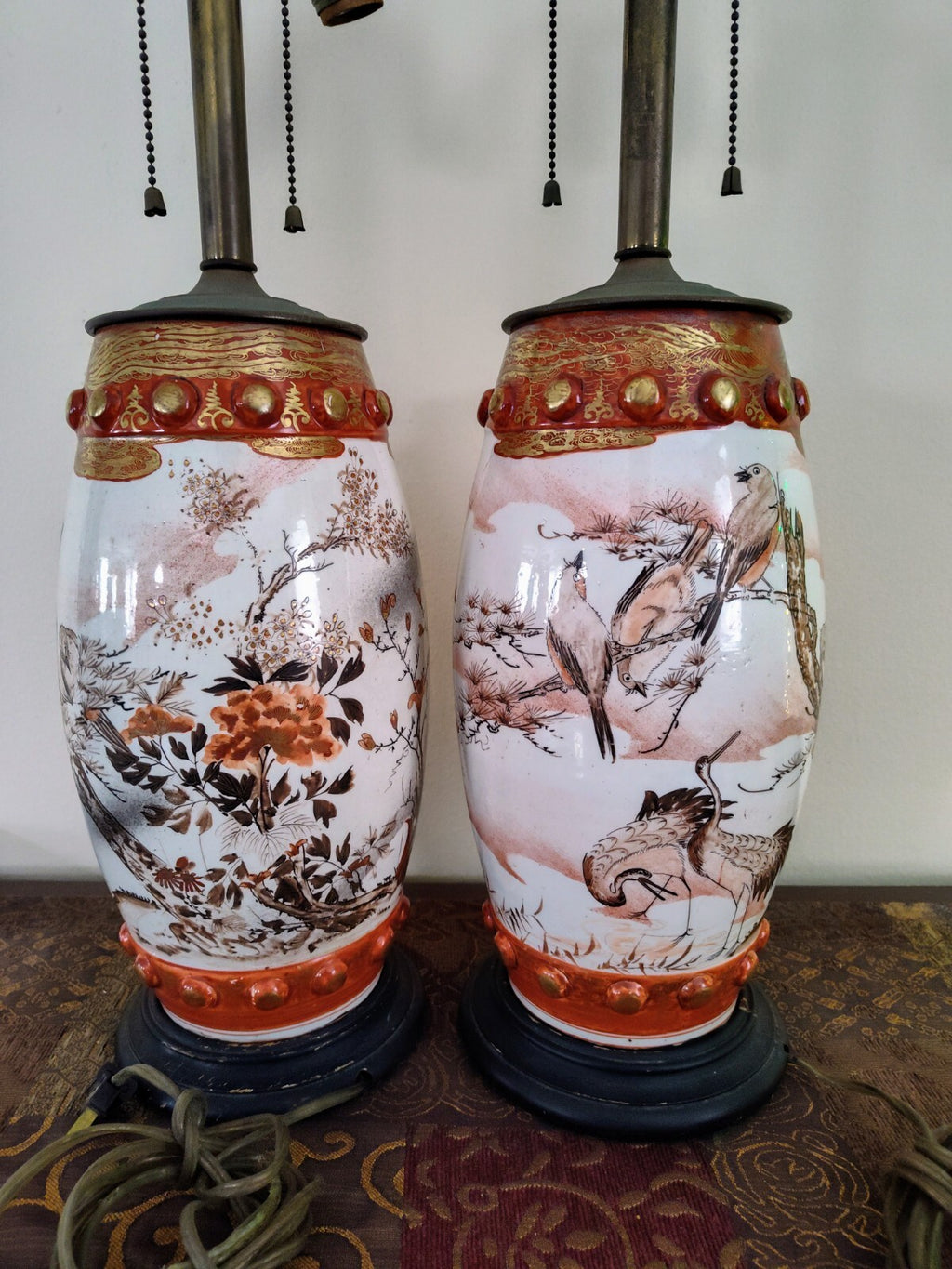Pair Meiji Japanese Kutani Seizan Lamps, Gilt Birds & Cranes, Hand Painted