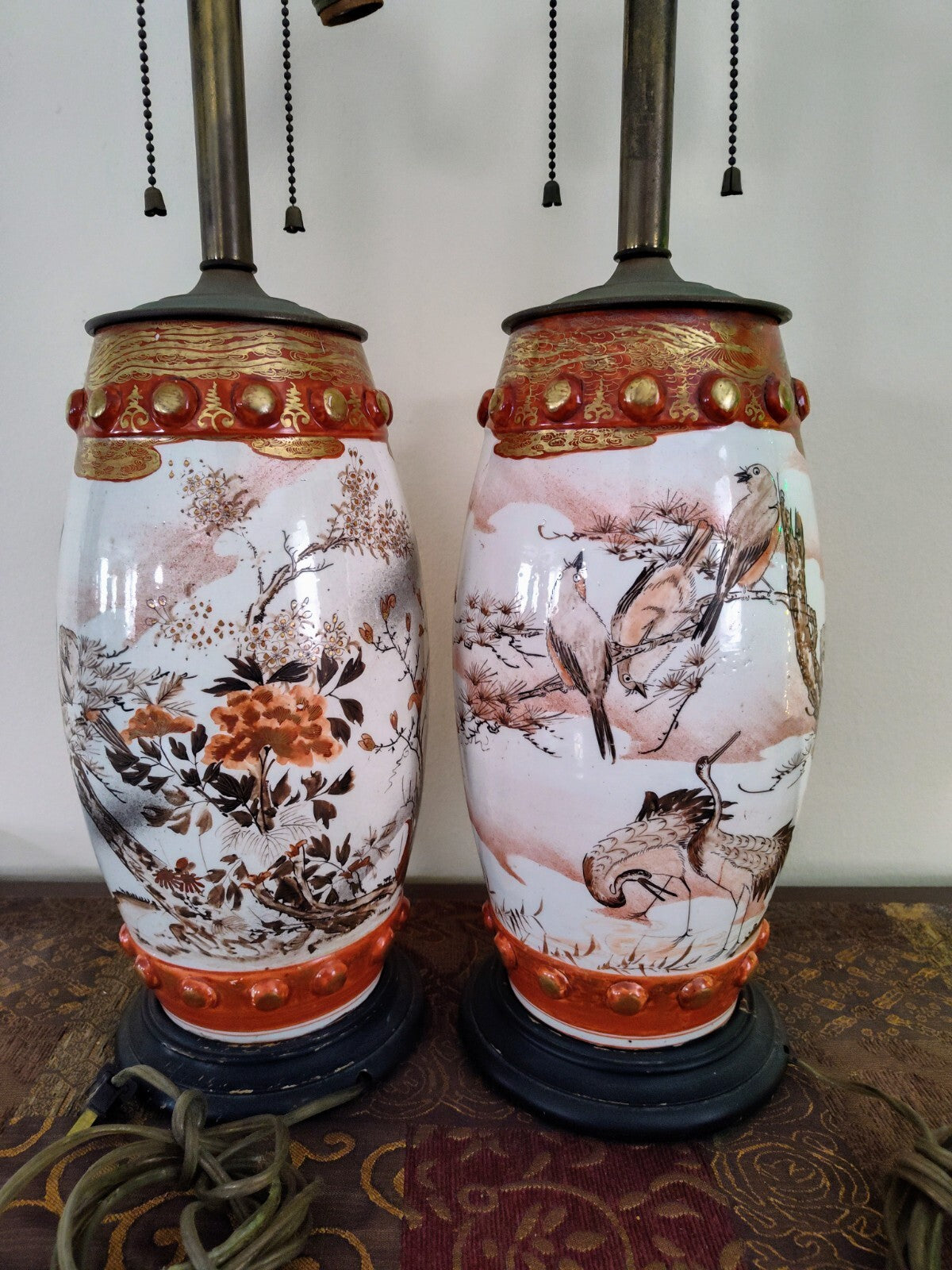 Pair Meiji Japanese Kutani Seizan Lamps, Gilt Birds & Cranes, Hand Painted