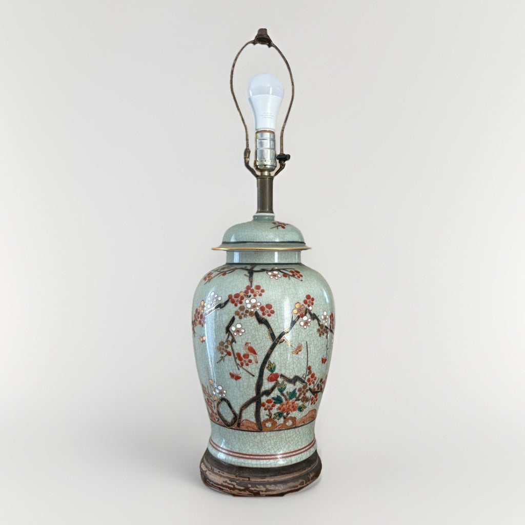 Vintage Chinese Celadon Crackle Ginger Jar Lamp Birds Blossoms Gilt