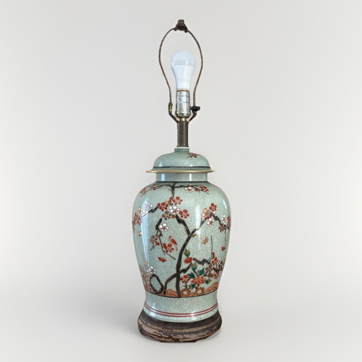 Vintage Chinese Celadon Crackle Ginger Jar Lamp Birds Blossoms Gilt