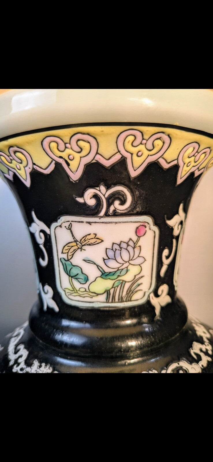 Vintage Asian Black Porcelain / Ceramic Lamp with Beautiful Flowers pattern