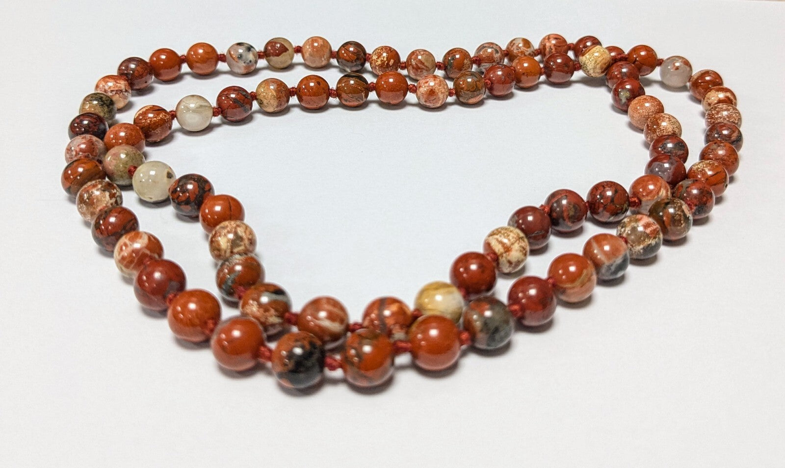30” Natural Round Red Leopard Skin Jasper Hand Knotted Beaded Necklace