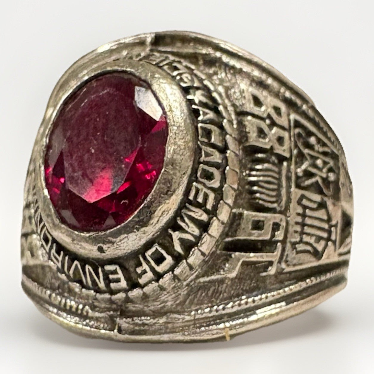 925 Sterling Silver Vintage Lab-Created Ruby 1988 School Ring Size 7 Beautiful
