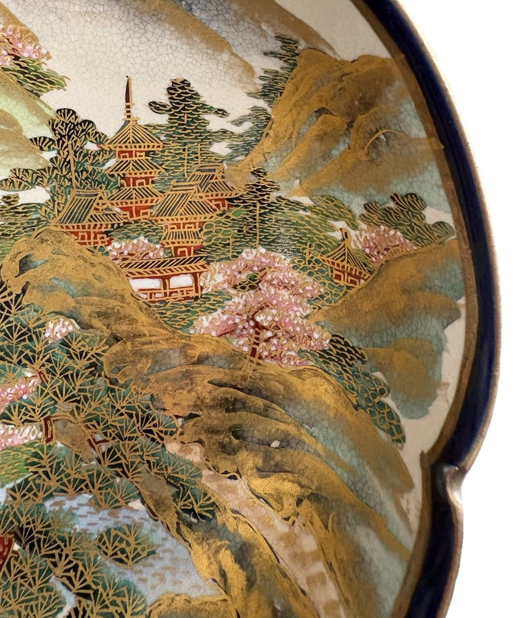 Antique Meiji Japanese Satsuma Mokko-gata Moriage Scenic Bowl Cobalt 4”