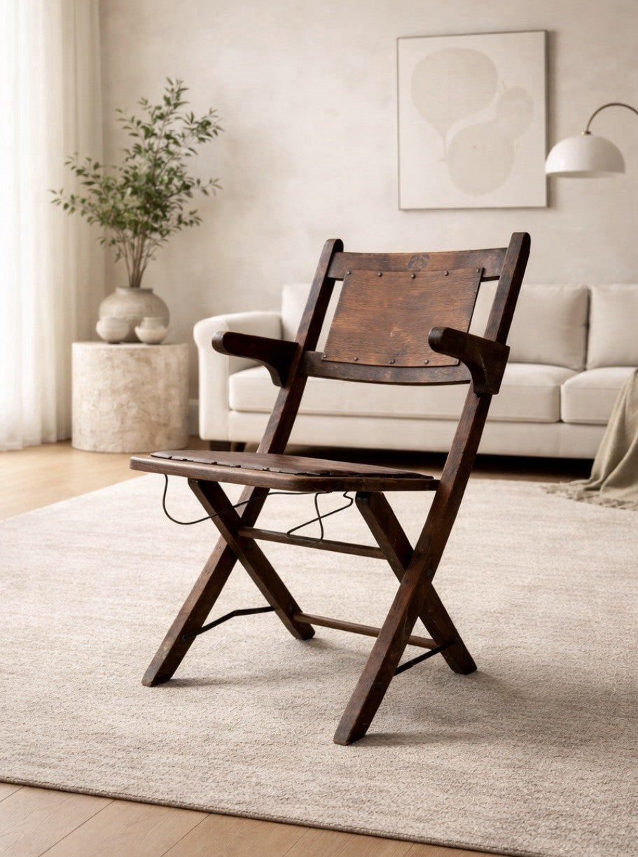 Antique Wooden Folding Chair w/ Leather Seat – Primitive Industrial Stenciled 78