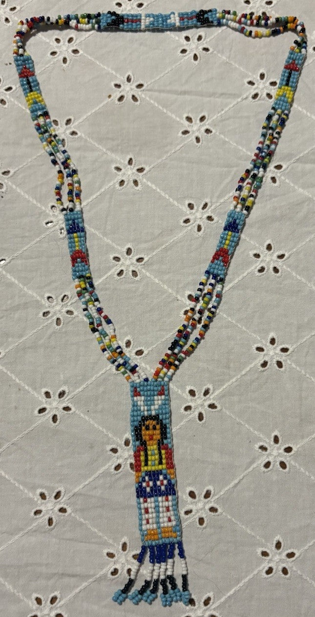 Vintage Glass Seed Bead Necklace with Loom-Woven Figure Pendant