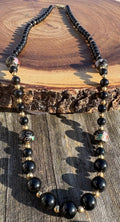 Vintage Black Onyx Beaded Necklace Cloisonné Floral Beads Gold Tone