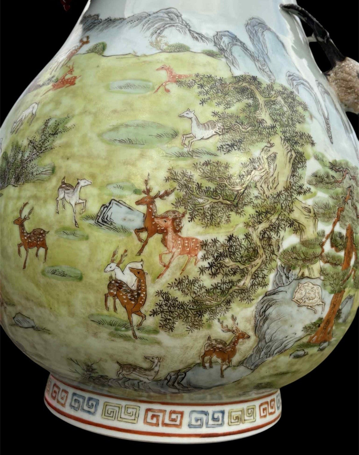 Antique Chinese Famille Rose Deer & Pine Vase Qianlong Mark Late Qing 18”
