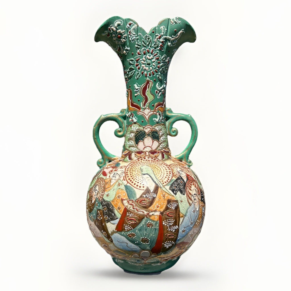 Antique Japanese Moriage SATSUMA Hand Painted VASE Earthenware Double Handle
