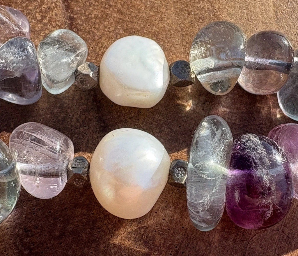 Fluorite Quartz Multi Strand Necklace Natural Gemstone Pearl Sterling Silver 16”